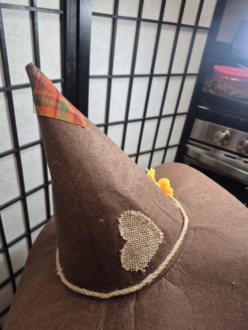 Handmade Brown Felt Witch Hat with Yellow Flower